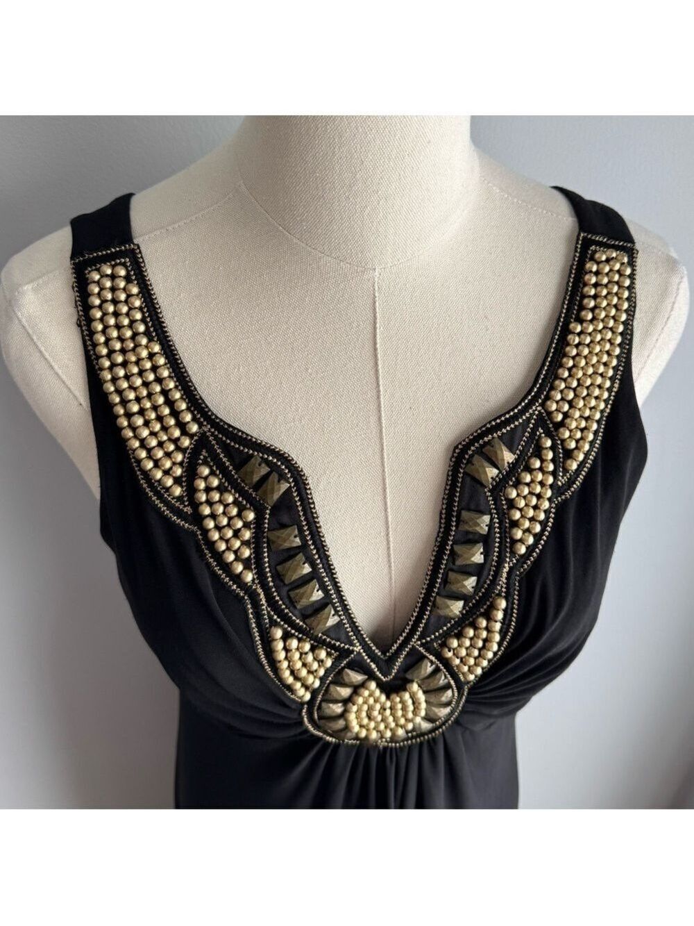 Black Beaded Maxi Dress Sz 2 XS Sleeveless V-Neck Boho Glam Evening Gown Party - Picture 5 of 15
